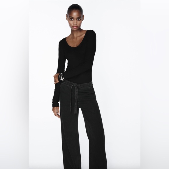 Zara Jeans Women's‎ Size Large Black Wash Denim Wide Leg High Rise Front Tie - Picture 6 of 16